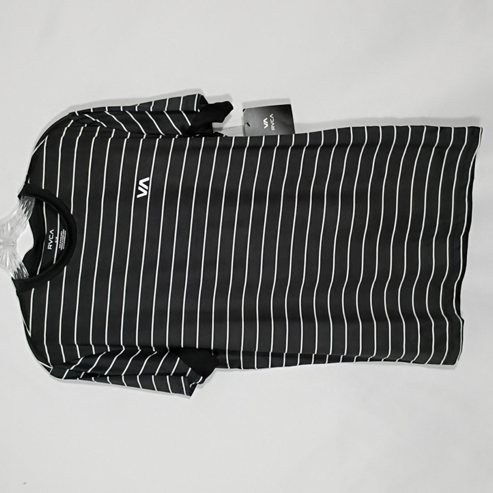 NWT RVCA Men's Black Sweep Stripe Crew Short Sleeve Shirt Upf 50 Size Small